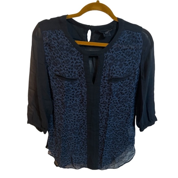 French Connection Blue and Black Floral Printed Sheer Blouse - Picture 1 of 8